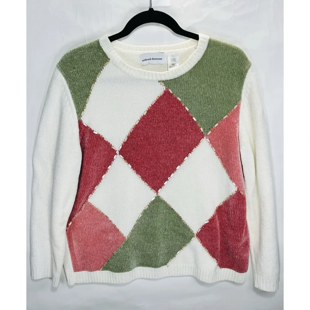 Alfred Dunner Womens‎ Ivory Sweater Argyle Pattern Size L Granny Core Sequins